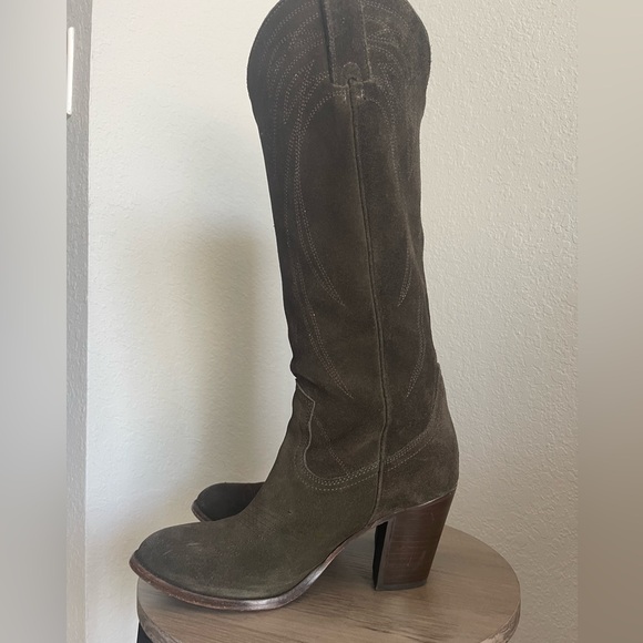 Frye Olive Suede Heeled Pull-On Cowboy Boots - Picture 10 of 15